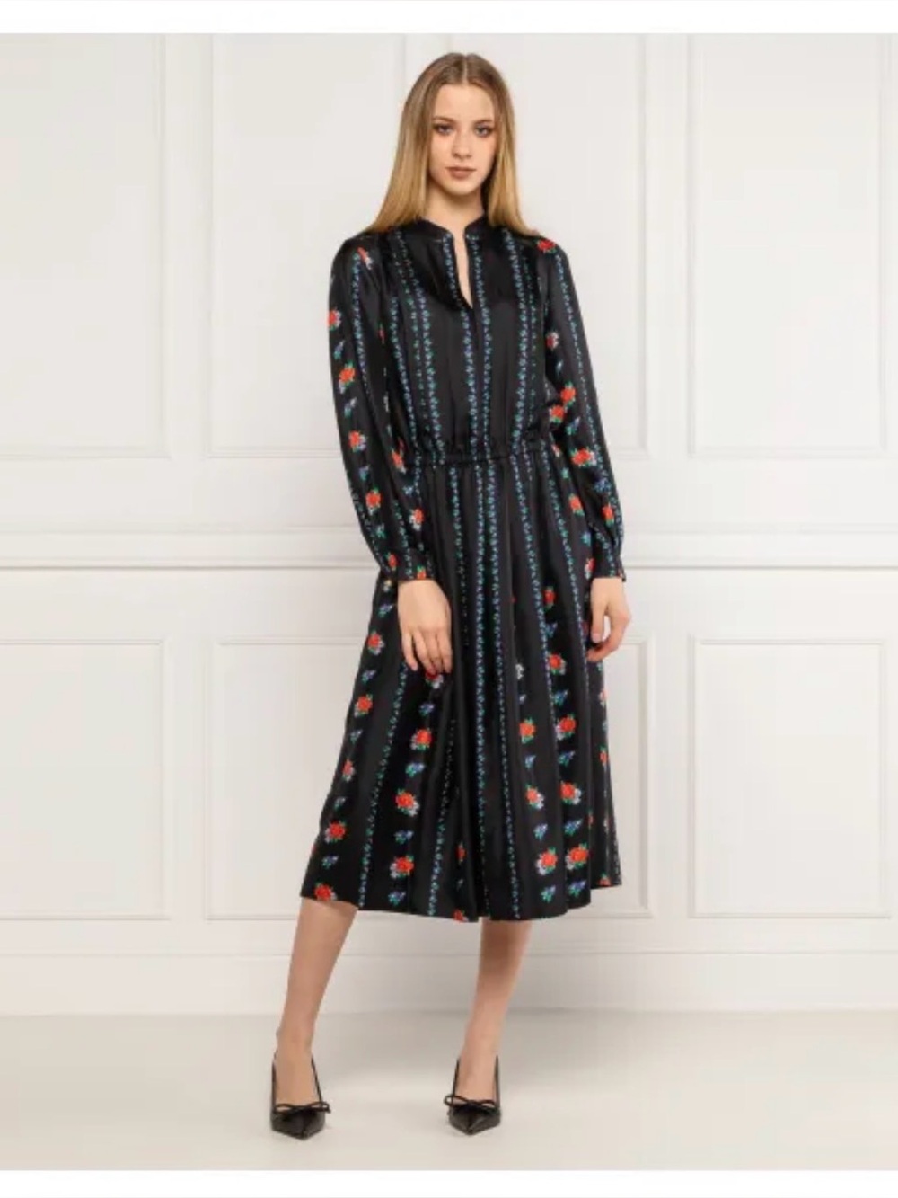 Tory Burch Black Long-Sleeve Floral Midi Dress